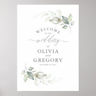 Poster Verdure et couronne d'or Elégant mariage Bienvenue