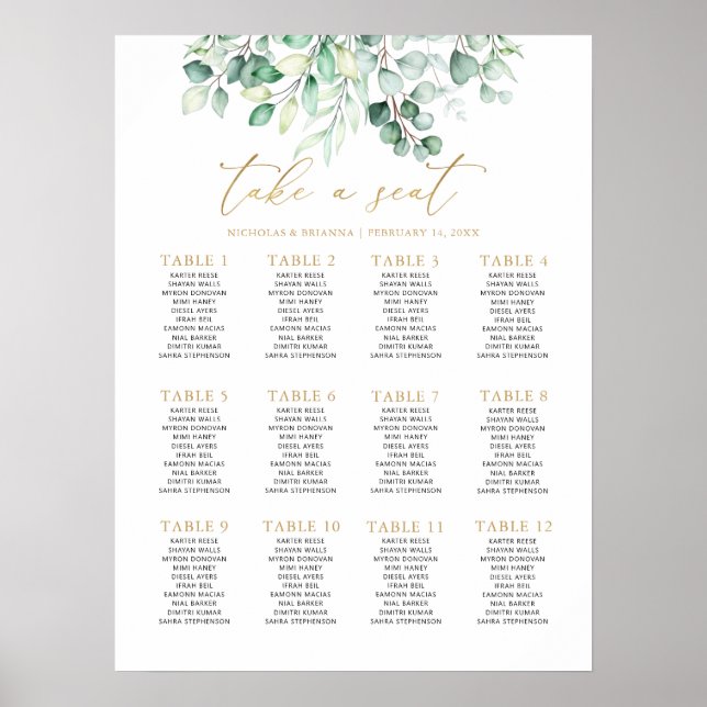Poster Verdure Eucalyptus Mariage Or 12 Table Siège (Devant)