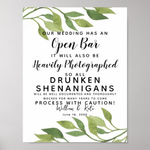 Poster verdure feuillage Open Bar signe mariage