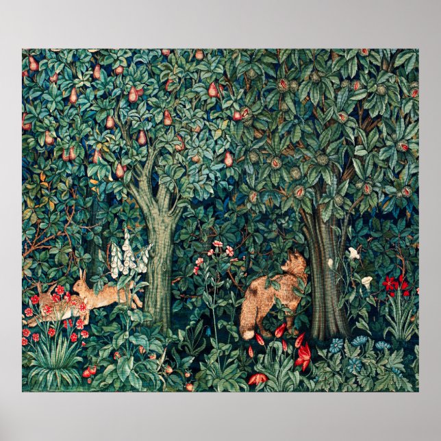 Poster VERDURE, Hares d'ANIMAUX FORESTIERS, Renard, Flora (Devant)