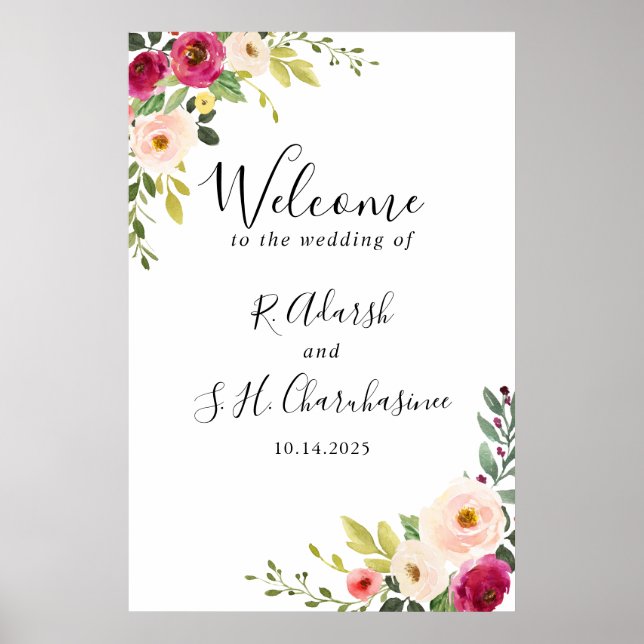 Poster Verdure Rose Blush Floral Mariage Bienvenue (Devant)