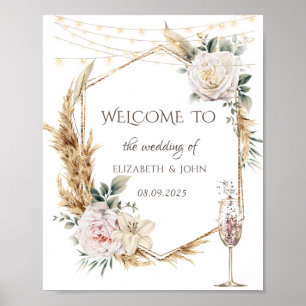 Poster Verre à champagne à cadre floral doré