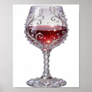 Poster Verre à vin rouge argenté élégant avec texte 3D