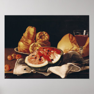 Poster Verre de vin, de pastèque et de pain