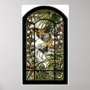 Poster Verre souillé avec l'oiseau et le papillon