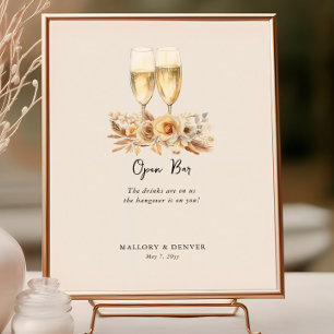 Poster Verres à vin et Fleurs Open Bar Mariage neutre