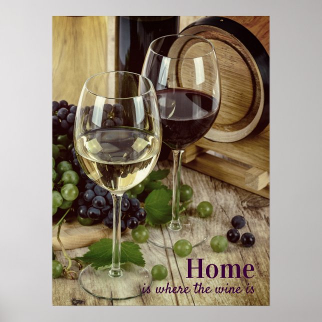 Poster Verres de vin rouge et blanc rustique Baril de rai (Devant)