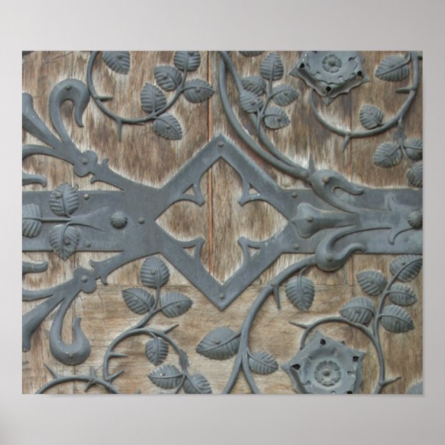 Poster Verrouillage médiéval en fer sur porte en bois (Devant)