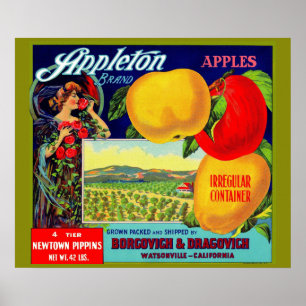 Poster vers 1900 Appleton Apples crate étiquette