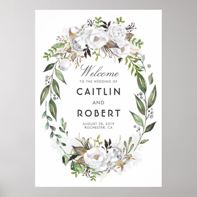 Poster Vert blanc Floral Romantique Mariage Accueil (Devant)