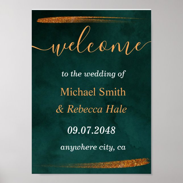 Poster vert émeraude moderne et Mariage feuille Bienvenue (Devant)
