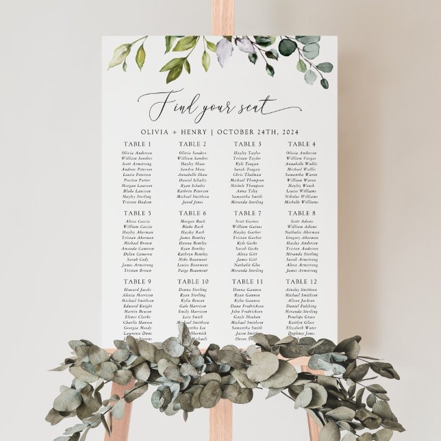 Poster Vert, Eucalyptus Feuilles, Mariage Seating Chart (Créateur téléchargé)