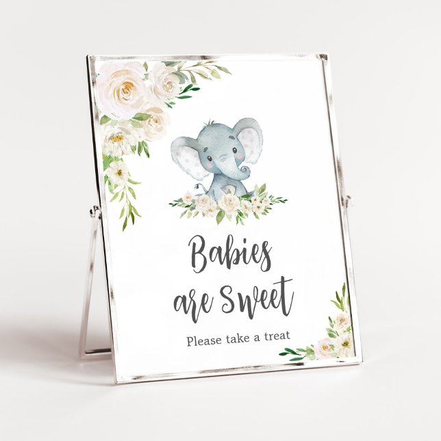 Poster Vert Floral Blanc Eléphant Bébés sont doux (A Little Peanut is on the Way Baby Shower Babies are Sweet Sign)