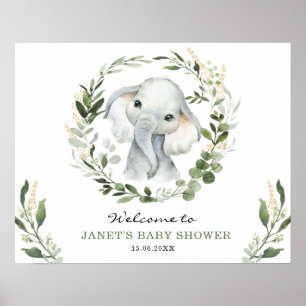 Poster Vert moderne Gold Elephant Baby shower Bienvenue