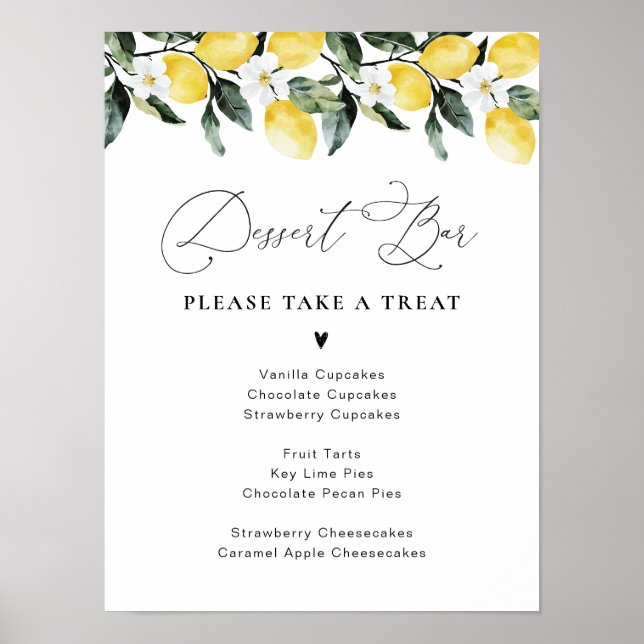 Poster Vert moderne Lemon Floral Dessert Bar (Devant)