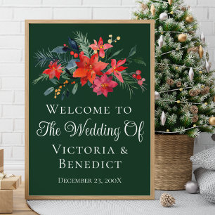 Poster Vert Noël Poinsettia Floral Mariage de bienvenue