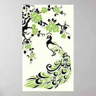 Poster vert noir paon et fleurs de cerisiers