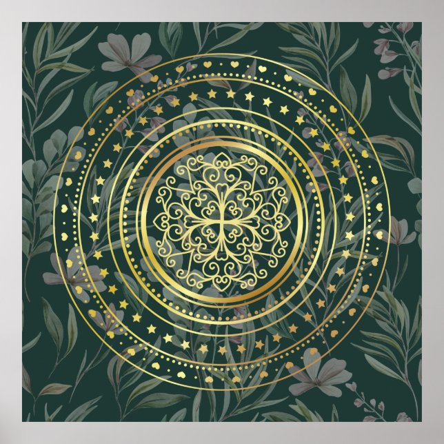 Poster Vert Orné fleuri (Devant)