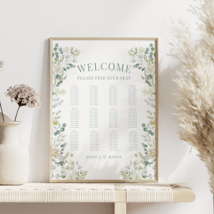 Poster Vert Rose blanche Fleurs Mariage Seating Chart