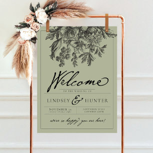 Poster Vert sauge Écriture florale vintage Mariage Bienve