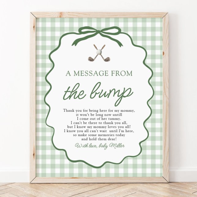 Poster Vert sauge Gingham Golf Un message du bébé (Sage Green Gingham Golf A Message from the Bump Sign)