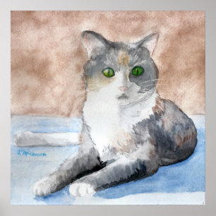 Poster Vert Tortoiseshell Gris Blanc Chat Aquarelle