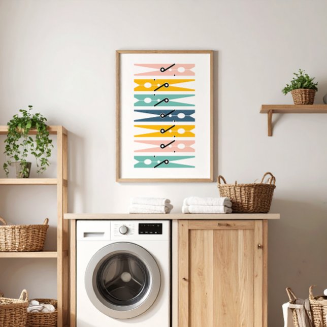 Poster Vêtements Pins Couleur Laverie Salle Art (colorful pink, yellow, teal and navy blue modern graphic clothes pins art for a fun laundry room)