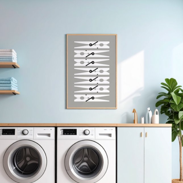 Poster Vêtements Pins noir blanc et gris Lave-linge Art (medium gray and white modern graphic clothes pins art for a fun laundry room)
