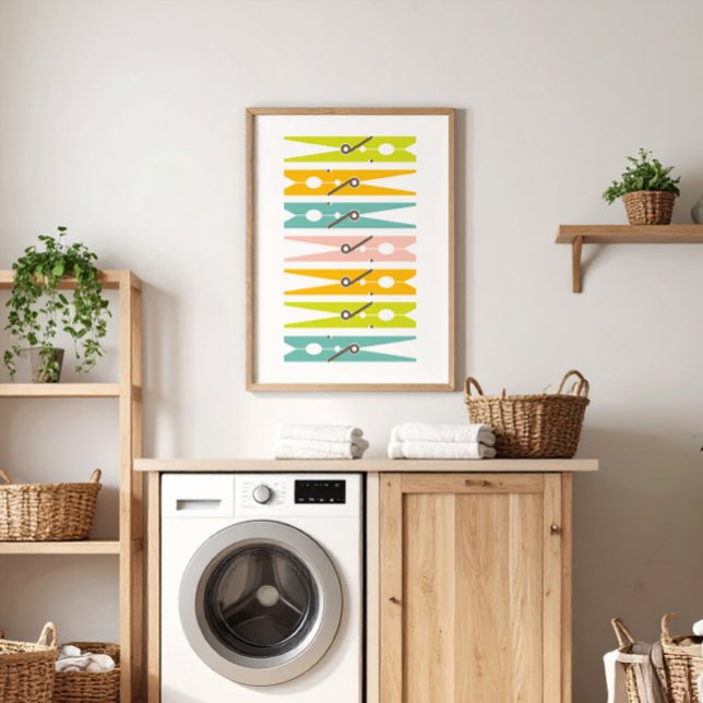 Poster Vêtements Pins Retro Couleur Laverie Salle Art (fun, colorful, modern clothes pin art to brighten up a boring laundry room)