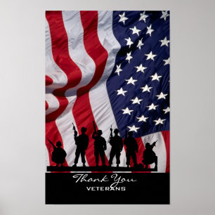 Poster Vétérans de Merci - drapeau américain et soldats