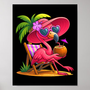 Poster Vibes d'été Flamant Rose Plage Palmier Été