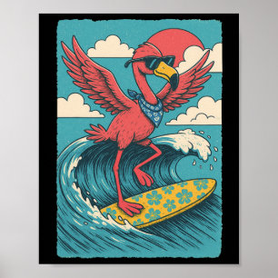 Poster Vibes d'été flamant rose surfant sur la plage vaca