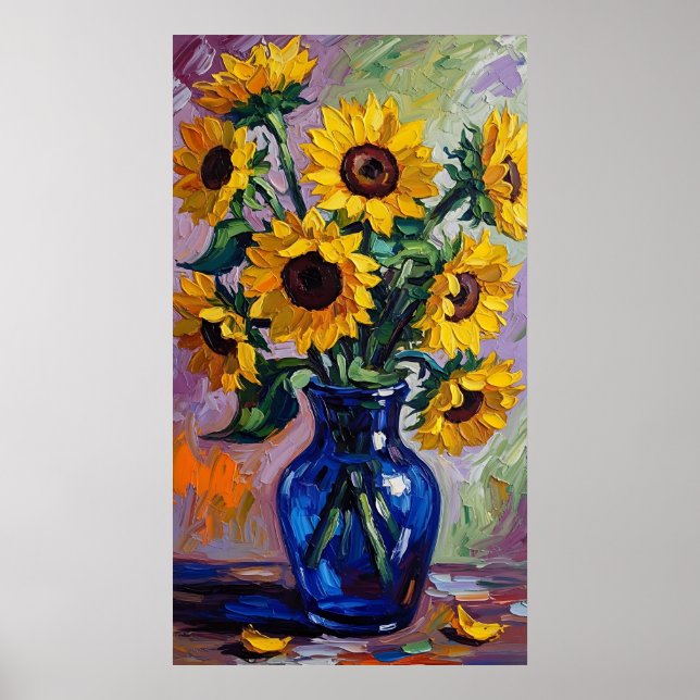 Poster Vibrant Blue & Yellow Sunflower Expressionist (Devant)