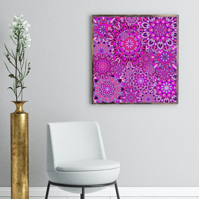 Poster Vibrant Boho Chic rose violet fleurs Mandalas (Créateur téléchargé)