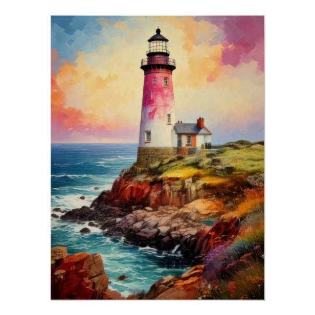 Poster Vibrant Breton Coast Lighthouse - Impressionistic  (Devant)