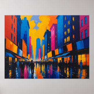 Poster Vibrant City Street Night Painting