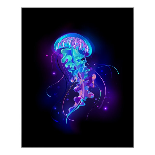 Poster Vibrant Color Glowing Jellyfish (Devant)