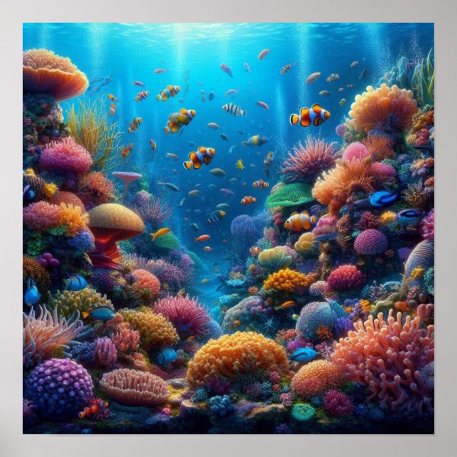 Poster Vibrant Coral Reef with Vivid Clownfish (Devant)