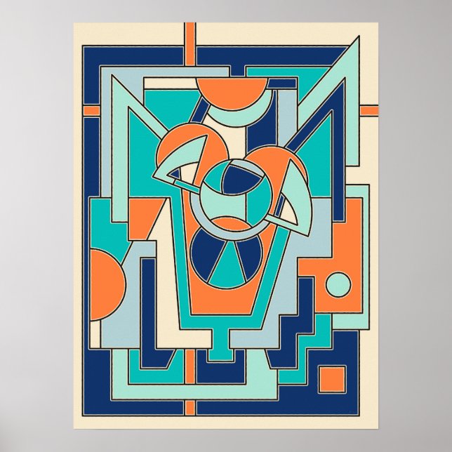 Poster Vibrant Geometric Abstract in Flat Orange and Teal (Devant)