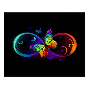 Poster Vibrant infinity with rainbow butterfly on black