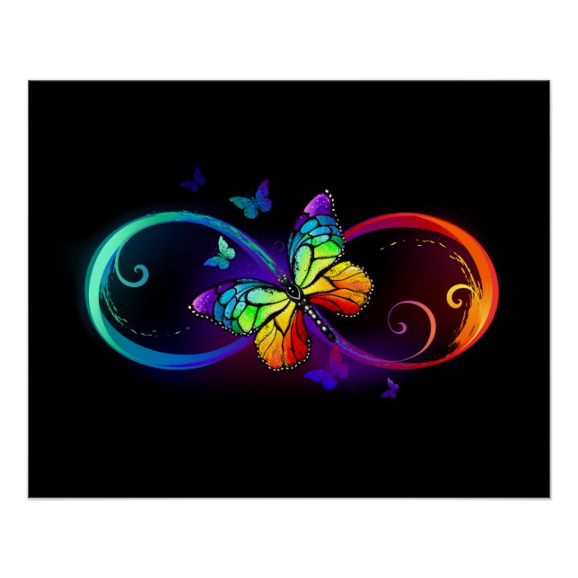 Poster Vibrant infinity with rainbow butterfly on black (Devant)