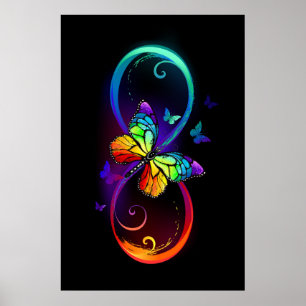 Poster Vibrant infinity with rainbow butterfly on black