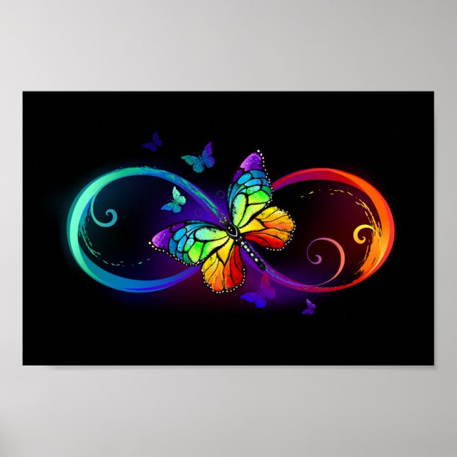 Poster Vibrant infinity with rainbow butterfly on black (Devant)