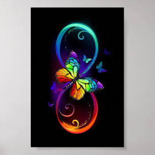 Poster Vibrant infinity with rainbow butterfly on black