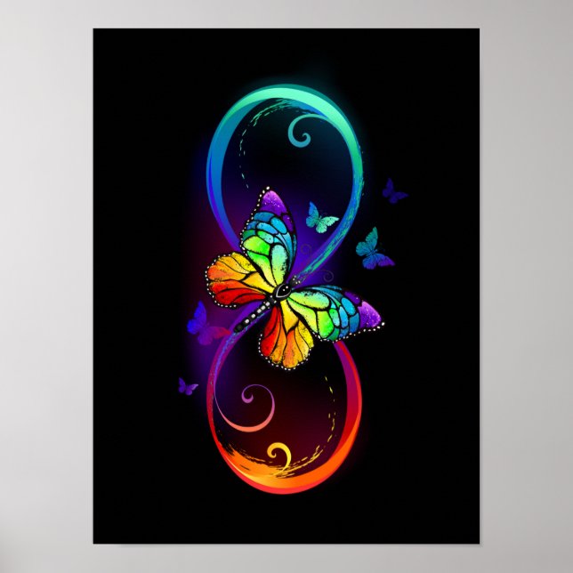 Poster Vibrant infinity with rainbow butterfly on black (Devant)