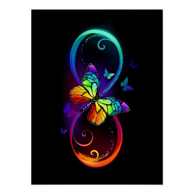 Poster Vibrant infinity with rainbow butterfly on black (Devant)