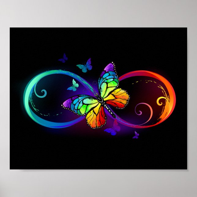 Poster Vibrant infinity with rainbow butterfly on black (Devant)