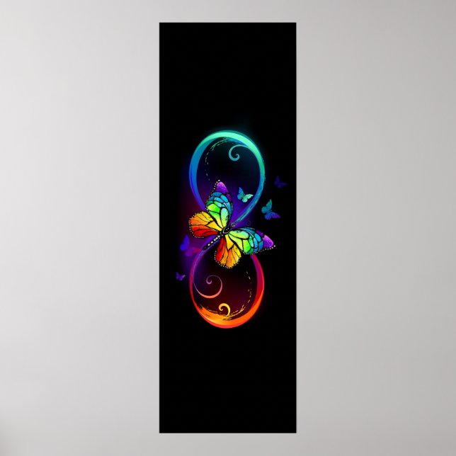 Poster Vibrant infinity with rainbow butterfly on black (Devant)