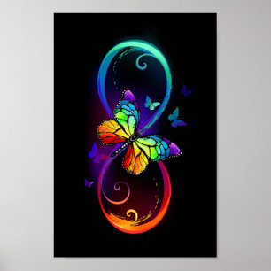 Poster Vibrant infinity with rainbow butterfly on black