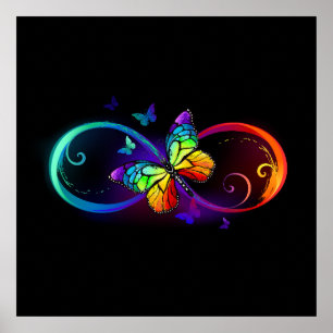 Poster Vibrant infinity with rainbow butterfly on black
